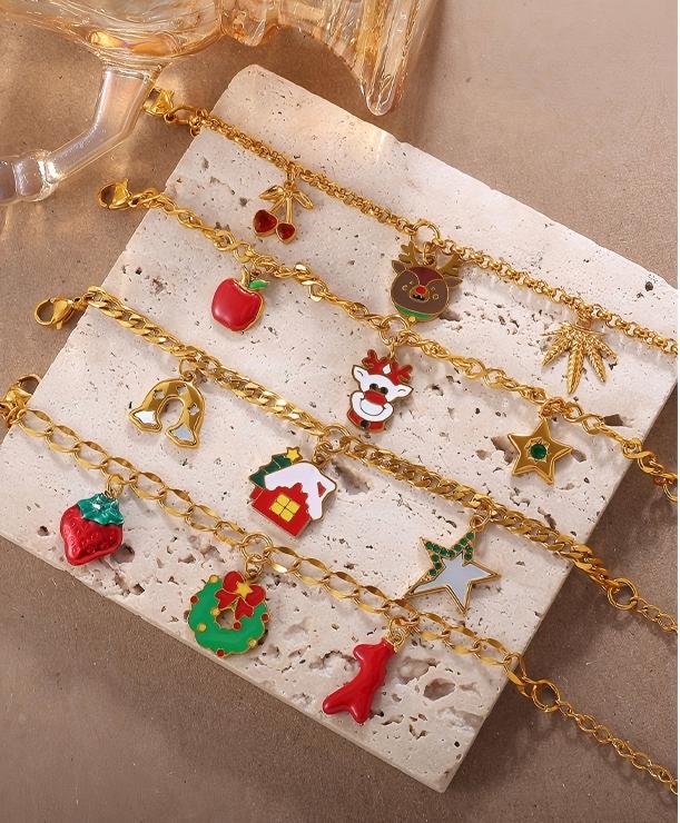 Christmas Collection – Gold Plated Stainless Steel Dripping Oil Pendant & Tassel Bracelet  Set