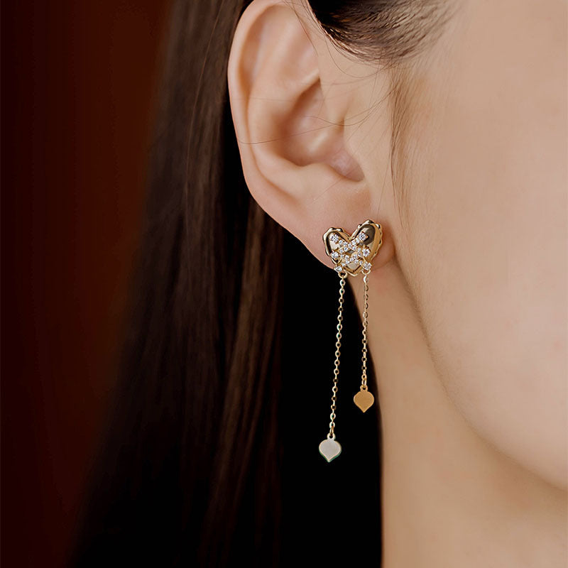 14K Solid Gold Moissanite Heart Tassel Earrings – Romantic Studs for Special Occasions