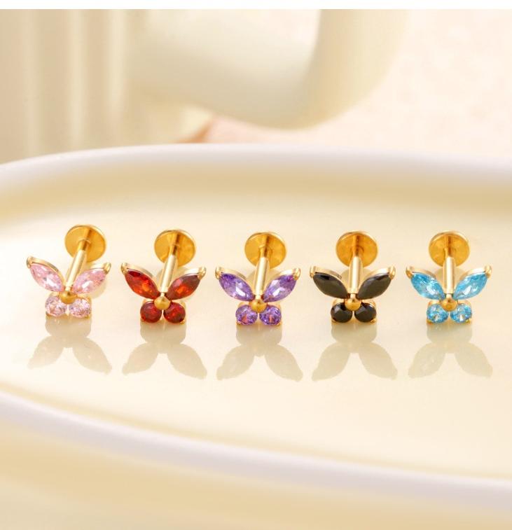 F136 Titanium Butterfly Zirconia Piercing - 1.2*8mm Lip & Cartilage Stud with Internal Thread