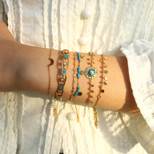 18K Gold-Plated Titanium Steel Bangle – Turquoise, Enamel & Crystal Jewelry