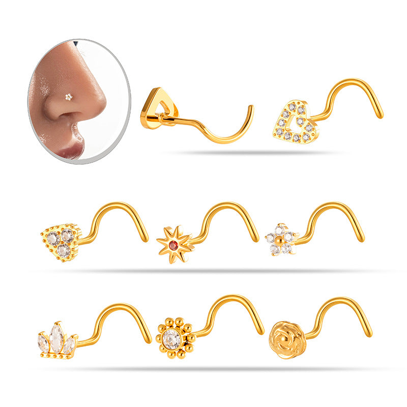 G23/F136 Titanium S-Bar Nose Stud Zircon Paved Hollow Heart & Rose Design – Hypoallergenic Nose Piercing Jewelry for Women, Gold & Silver