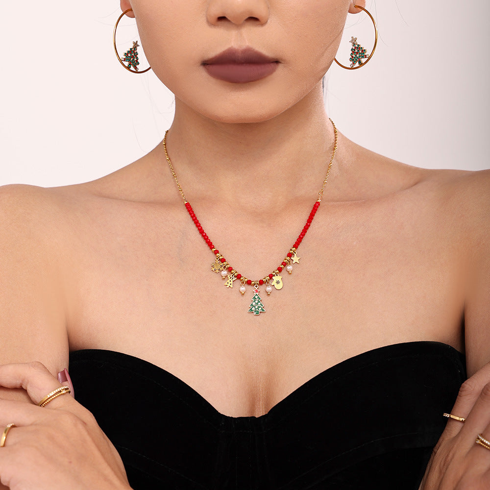 Gold Stainless Steel Christmas Necklace Collection | Reindeer, Tree, Bell, Sock, and Gift Box Oil Drop Zircon Pendants