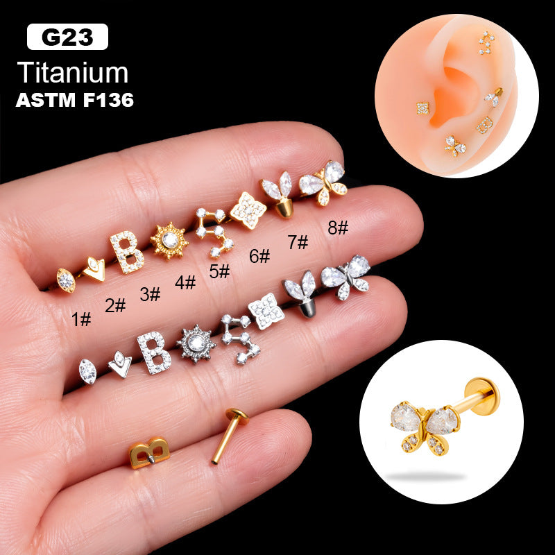 G23 Titanium Internally Threaded CZ Cartilage Stud Earrings – Butterfly, Letter, Sun & Other Shapes – Hypoallergenic Body Piercing Jewelry for Helix, Tragus, Conch