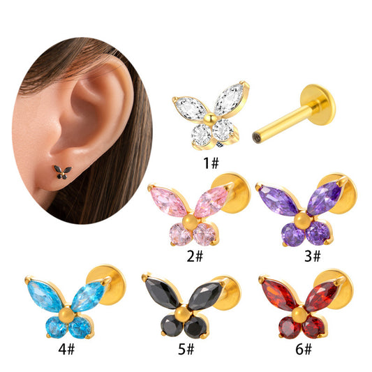 F136 Titanium Butterfly Zirconia Piercing - 1.2*8mm Lip & Cartilage Stud with Internal Thread