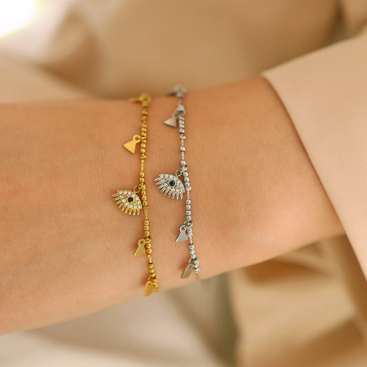 Geometric Metal Demon Eye Crystal Pendant Bracelet – 18K Gold-Plated Titanium Steel Jewelry