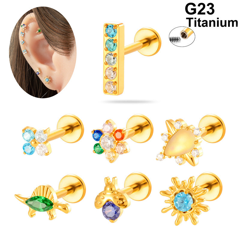 G23/F136 Titanium Colorful CZ Flower & Geometric Flat Back Labret Studs | Hypoallergenic Internally Threaded Piercing Jewelry for Ear, Lip, Cartilage