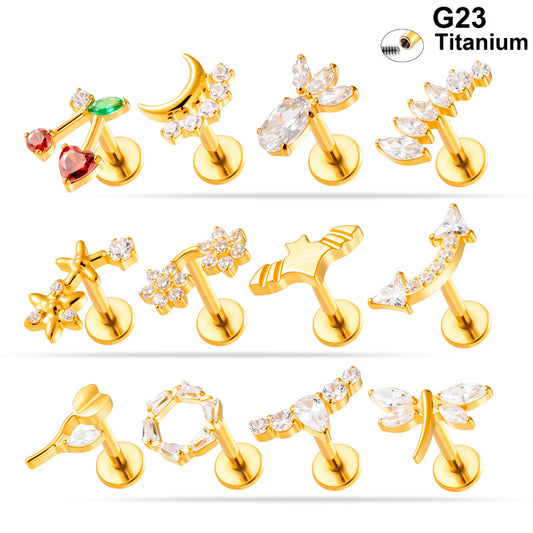 G23/F136 Titanium Zircon-Set Cherry, Dragonfly, Cherry Blossom, Bat, Leaf Internal Thread Lip & Cartilage Piercing Jewelry