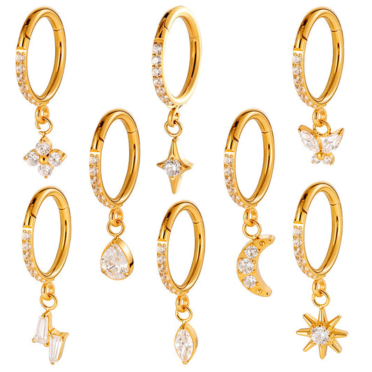 F136 Titanium Zircon Star & Moon Dangle Cartilage Piercing | Lip & Ear Jewelry | Hypoallergenic & Stylish