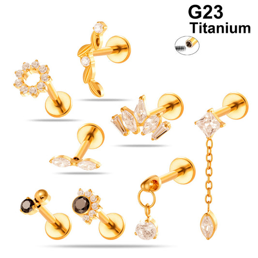 G23/F136 Titanium CZ Labret Studs | Internally Threaded Flat Back Lip & Cartilage Piercing Jewelry