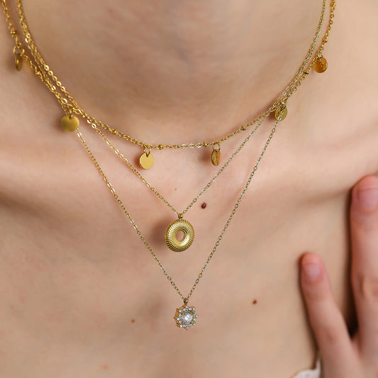 18K Gold Plated Stainless Steel Crystal Flower, Circle & Disc Pendant Necklaces – Elegant High-End Jewelry Collection
