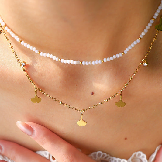 18K Gold Plated Titanium Steel Shell Bead Ginkgo Leaf Crystal Pendant Necklace - Simple Fashion Jewelry