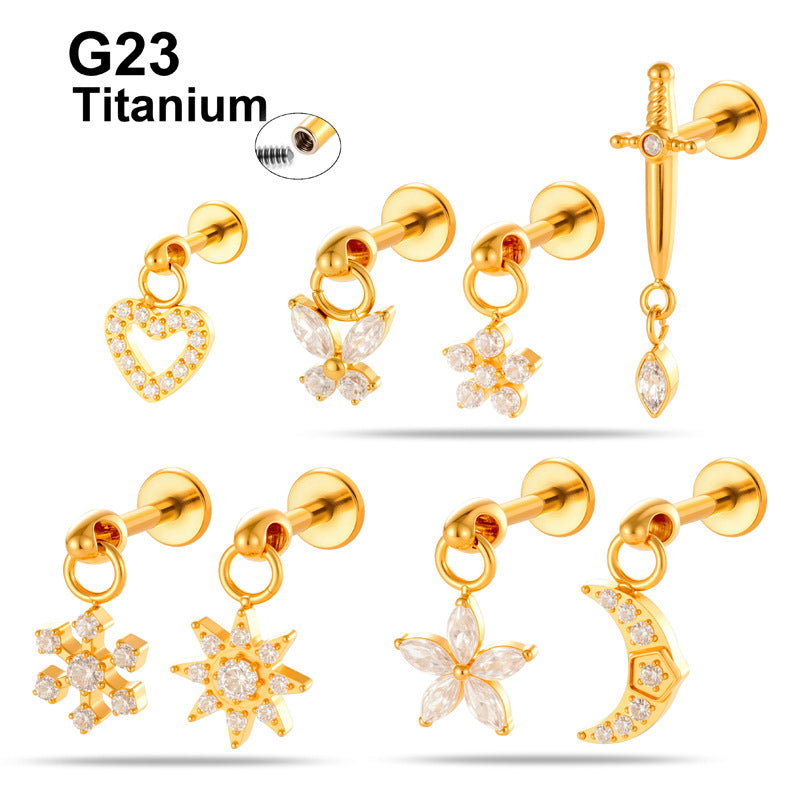 G23/F136 Titanium Internally Threaded Flat Back Lip Stud & Earring – Zircon Flower & Heart Dangle Piercing Jewelry for Women, Gold & Silver