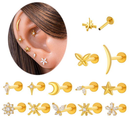 G23/F136 Titanium Moon & Star Push Pin Lip & Ear Piercing Jewelry – Sleek Flat Bar Body Jewelry