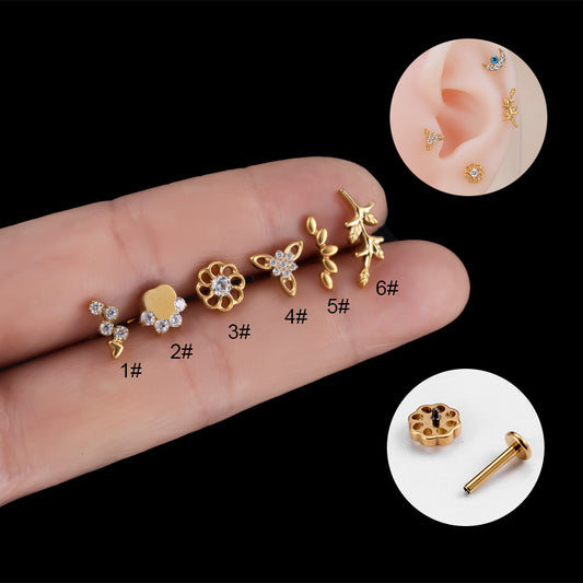 G23 Titanium Zircon Leaf & Flower Cartilage Piercing | Internally Threaded Lip & Ear Studs | Fashionable & Hypoallergenic