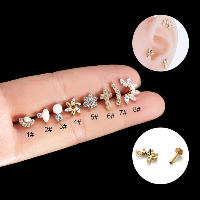 G23 Titanium Internal Thread Lip & Cartilage Studs – Zircon Flower, Cross, Opal Designs | Gold & Silver Piercing Jewelry