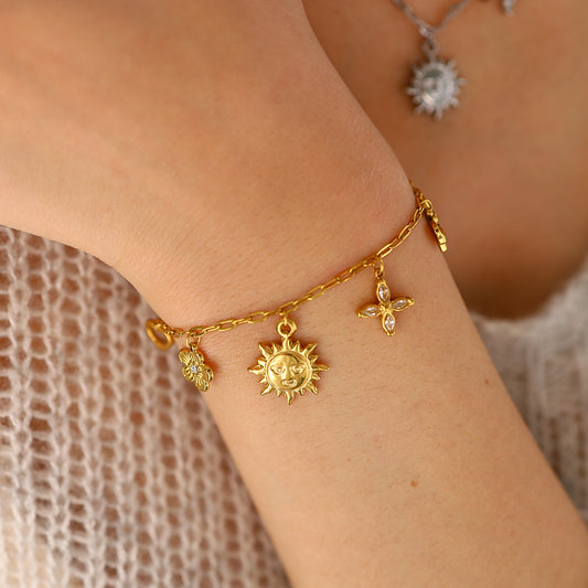 18K Gold Plated Titanium Steel Sunflower, Bow, Heart, and Four-Leaf Clover Layered Bracelet | Fashion Jewelry