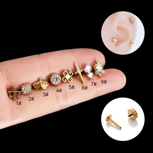 G23/F136 Titanium Crown Internal-Thread Labret & Cartilage Stud — 8 Designs | Gold & Silver