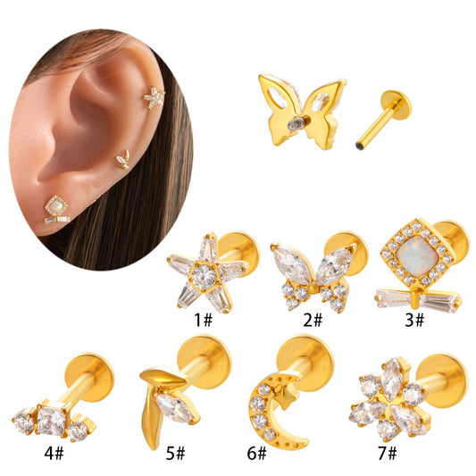 F136 Titanium Butterfly Star Moon Lip & Cartilage Stud with CZ | Internally Threaded