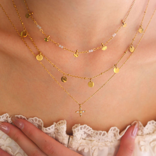 18K Gold Plated Titanium Steel Vintage Fan-Shaped, Round Disc, and Four-Leaf Clover Layered Necklaces | Stylish Fashion Jewelry