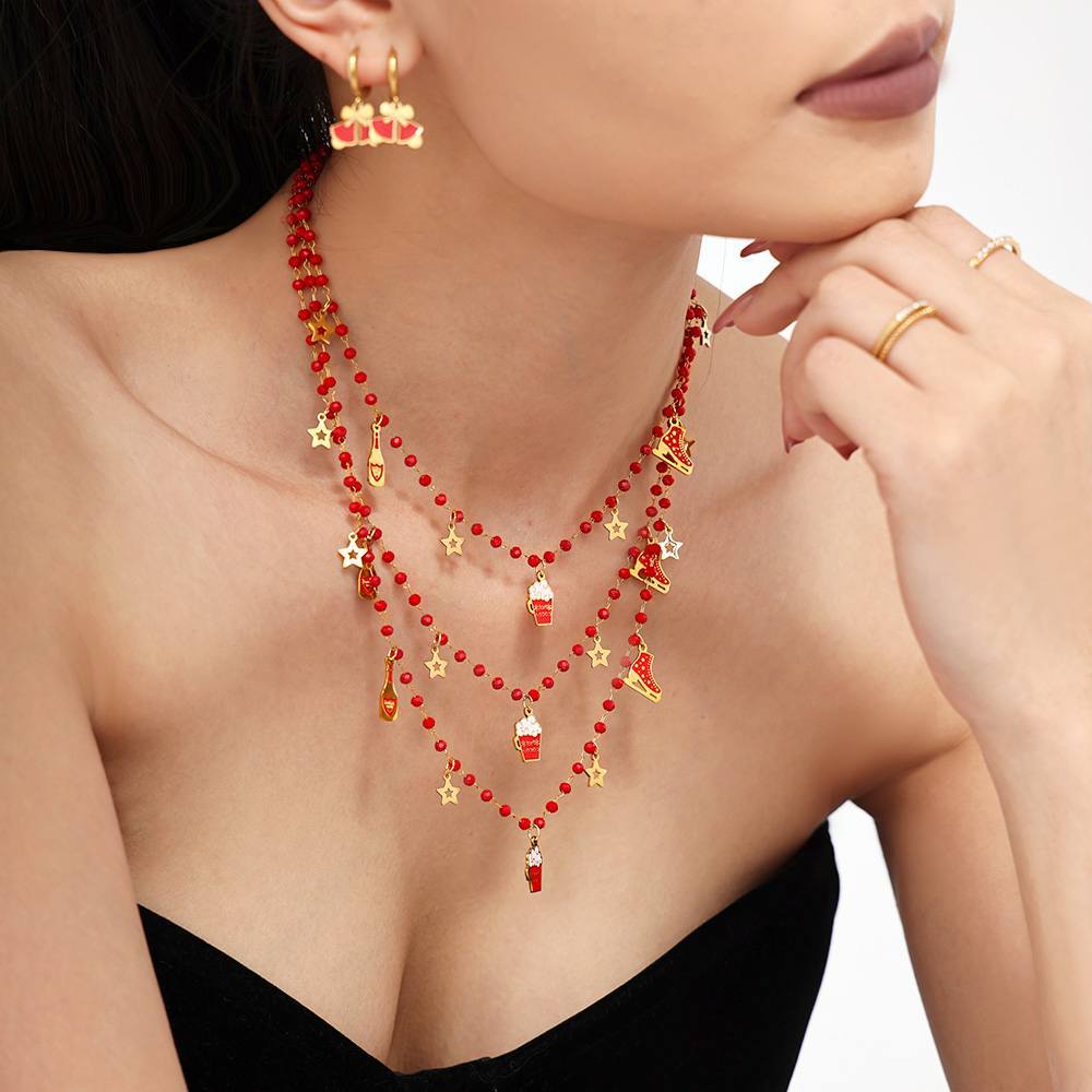 Christmas Ice Skate Star Champagne Pendant Enamel Necklace & Bracelet Set – Gold Plated Stainless Steel Festive Jewelry