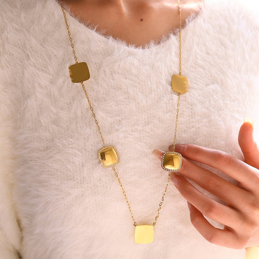 Square Crystal Inlay Long Necklace – 18K Gold-Plated Titanium Steel Jewelry