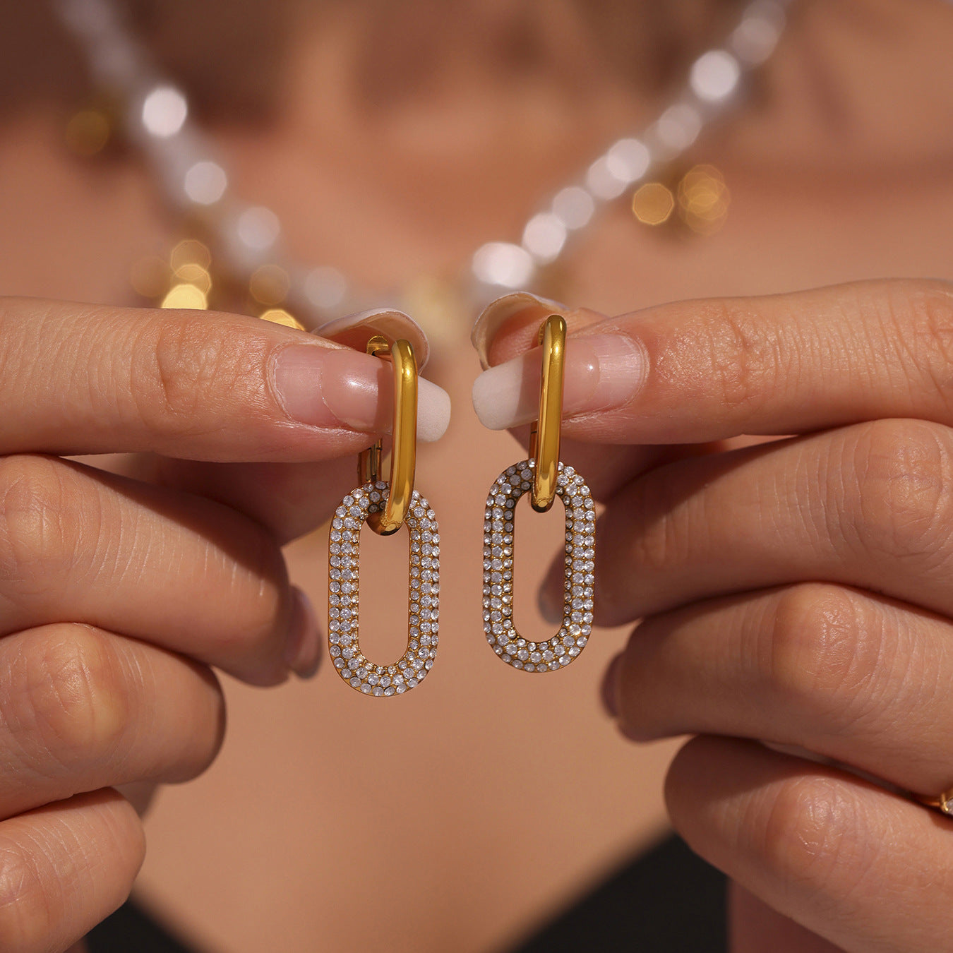 Gold Oval Zircon Dangle Earrings – Elegant Stainless Steel Full Zircon Hoop Earrings for Women