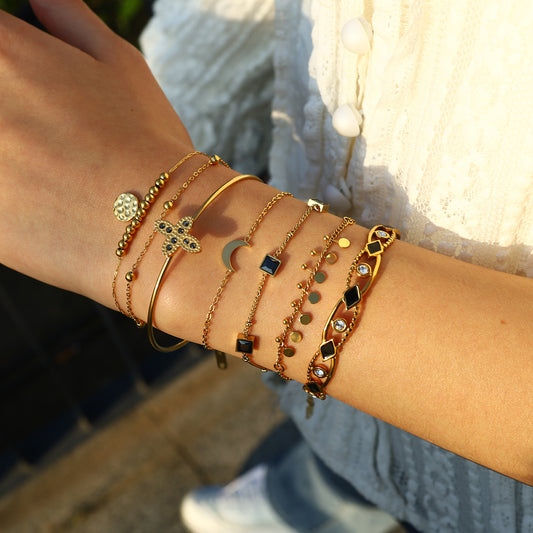 18K Gold Plated Titanium Steel Crystal Moon & Cross Pendant Bracelet | Elegant Fashion Jewelry