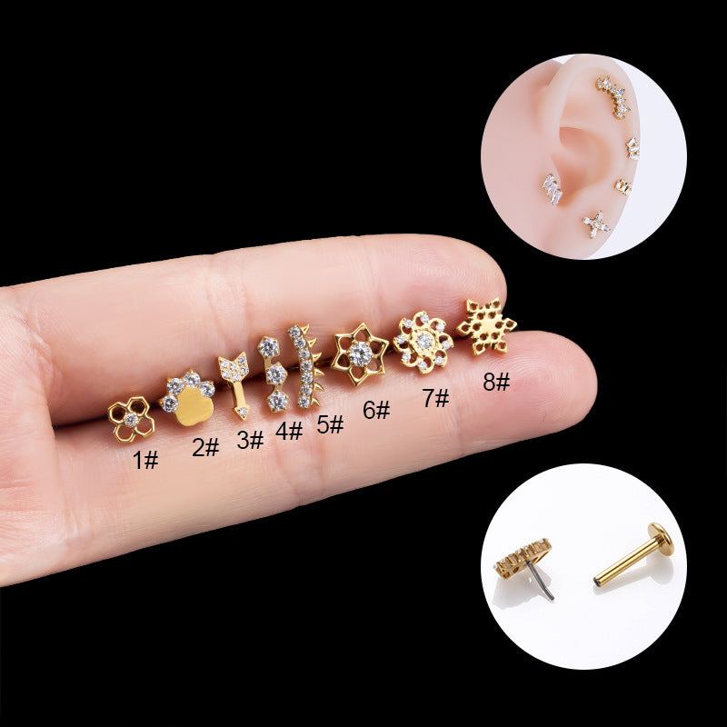 G23 Titanium Push Pin Labret Stud Hollow Flower Paw Design | Hypoallergenic Flat Back Cartilage Piercing Jewelry