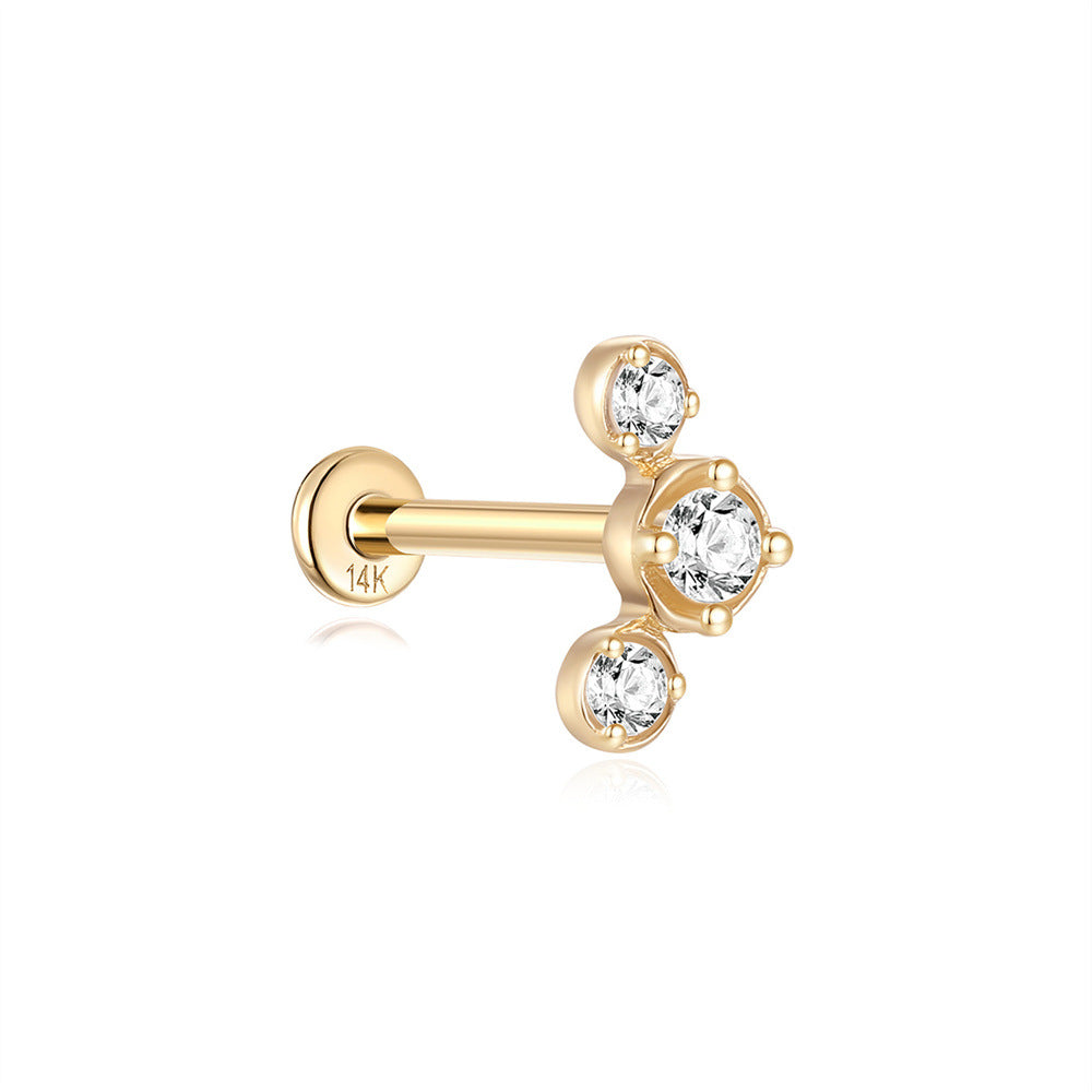 14K Gold Triple Zircon Stud Earrings – Delicate & Radiant