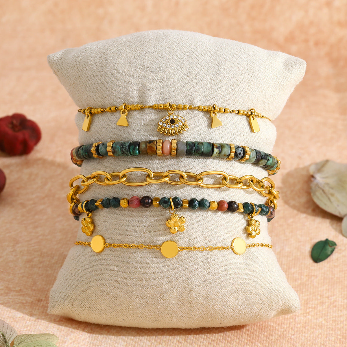 18K Gold Plated Titanium Steel Bohemian Style Multicolor Beaded Evil Eye Pendant Bracelet Set