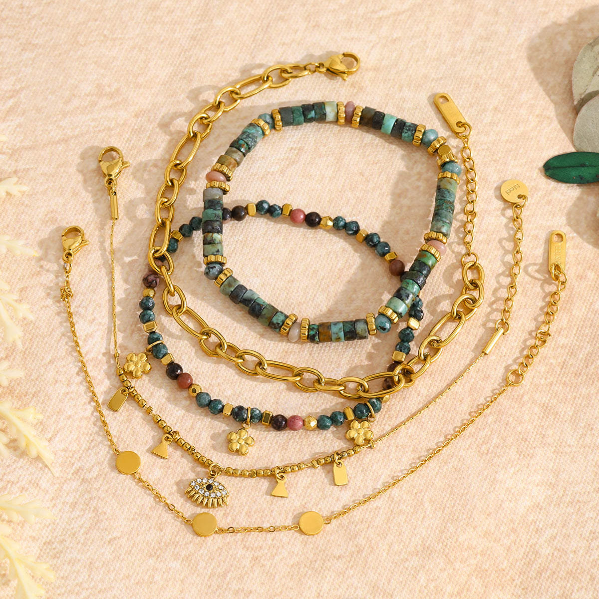 18K Gold Plated Titanium Steel Bohemian Style Multicolor Beaded Evil Eye Pendant Bracelet Set