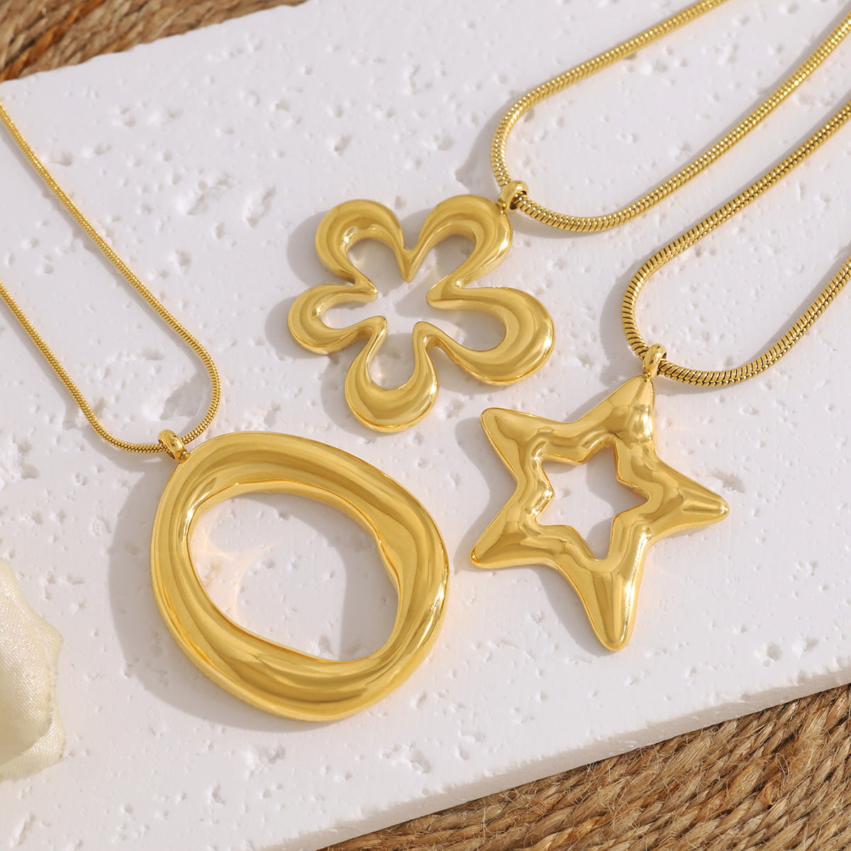 Stylish 18K Gold Plated Titanium Pendant Clavicle Necklace | Four Pendant Designs: Flower, Heart, Round, Star | Adjustable Chain Length