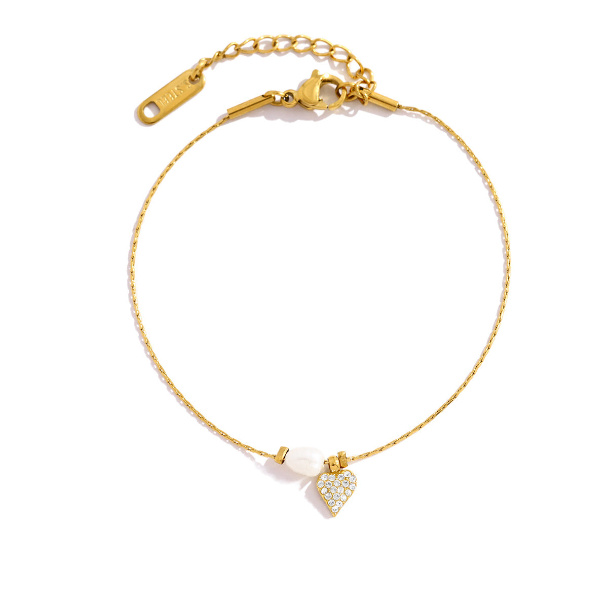 Elegant Pearl & Diamond Heart Pendant Titanium Steel Necklace & Bracelet Set – 18K Gold Plated, Adjustable Length, Perfect for Gifts