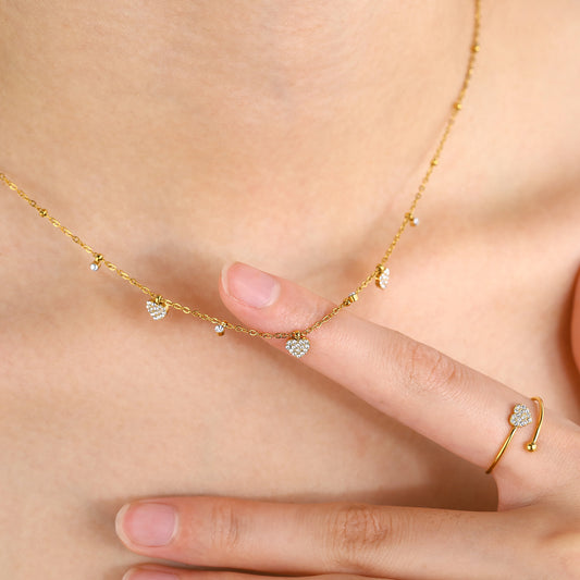 Elegant Heart-Shaped Crystal Necklace & Ring Set – 18K Gold Plated Titanium Steel