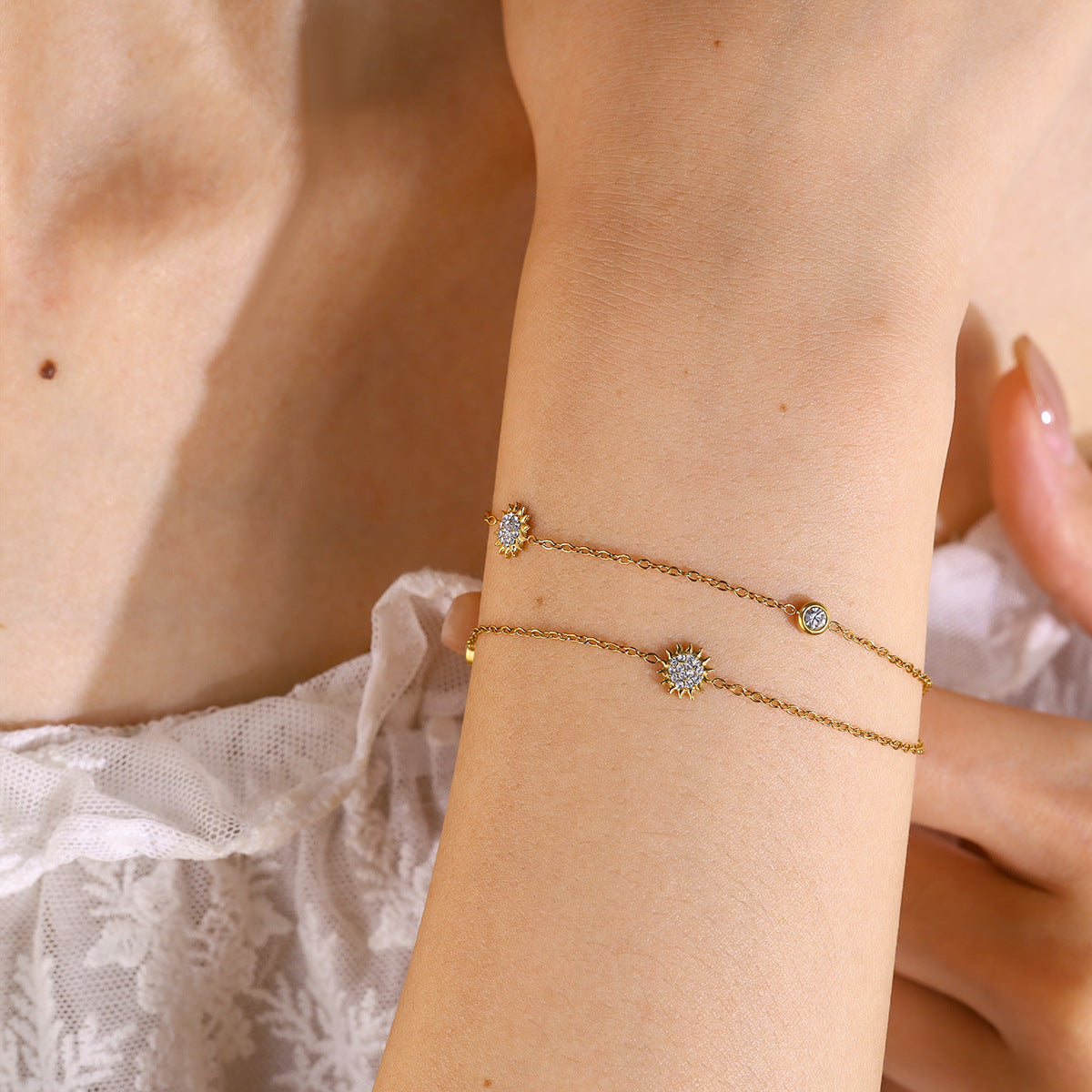 18K Gold Plated Titanium Steel Double-Layer Crystal Bracelet Set – Star and Moon Pendant Design