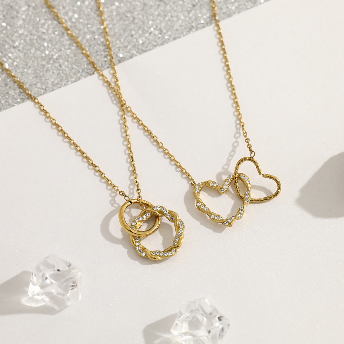 18K Gold Plated Titanium Steel New Twisted Heart Crystal Pendant Necklace Set