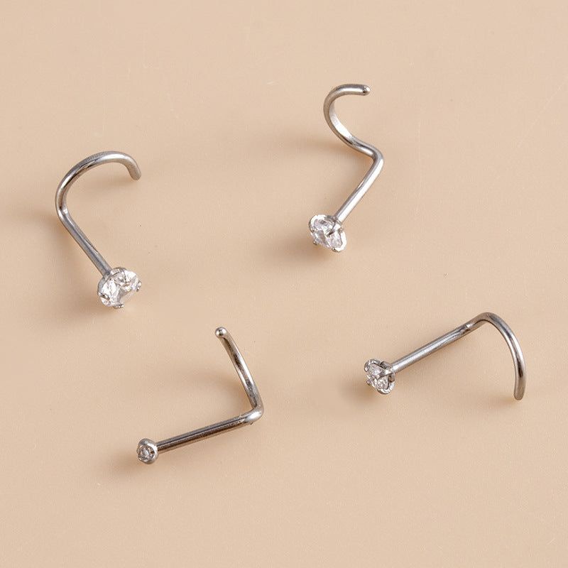 F136 Titanium Zircon Nose Stud | S-Shaped Rod Nose Piercing Jewelry | Fashionable & Durable