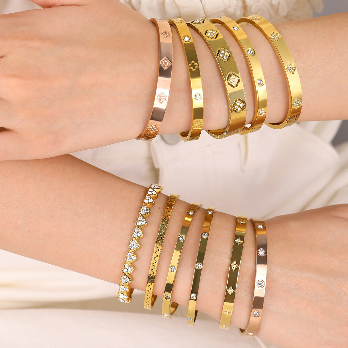 18K Gold Plated Titanium Steel Vintage Open Cuff Bracelets with Crystals, Fashionable and Durable