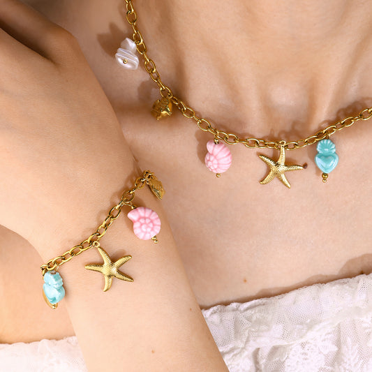 18K Gold Plated Stainless Steel Creative Ocean Style Colorful Fish Shell Seahorse Starfish Ceramic Pendant Necklace Bracelet Set