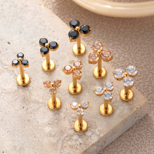 F136 Titanium Three-Zircon Flower Piercing Jewelry – Push Pin Lip & Cartilage Stud