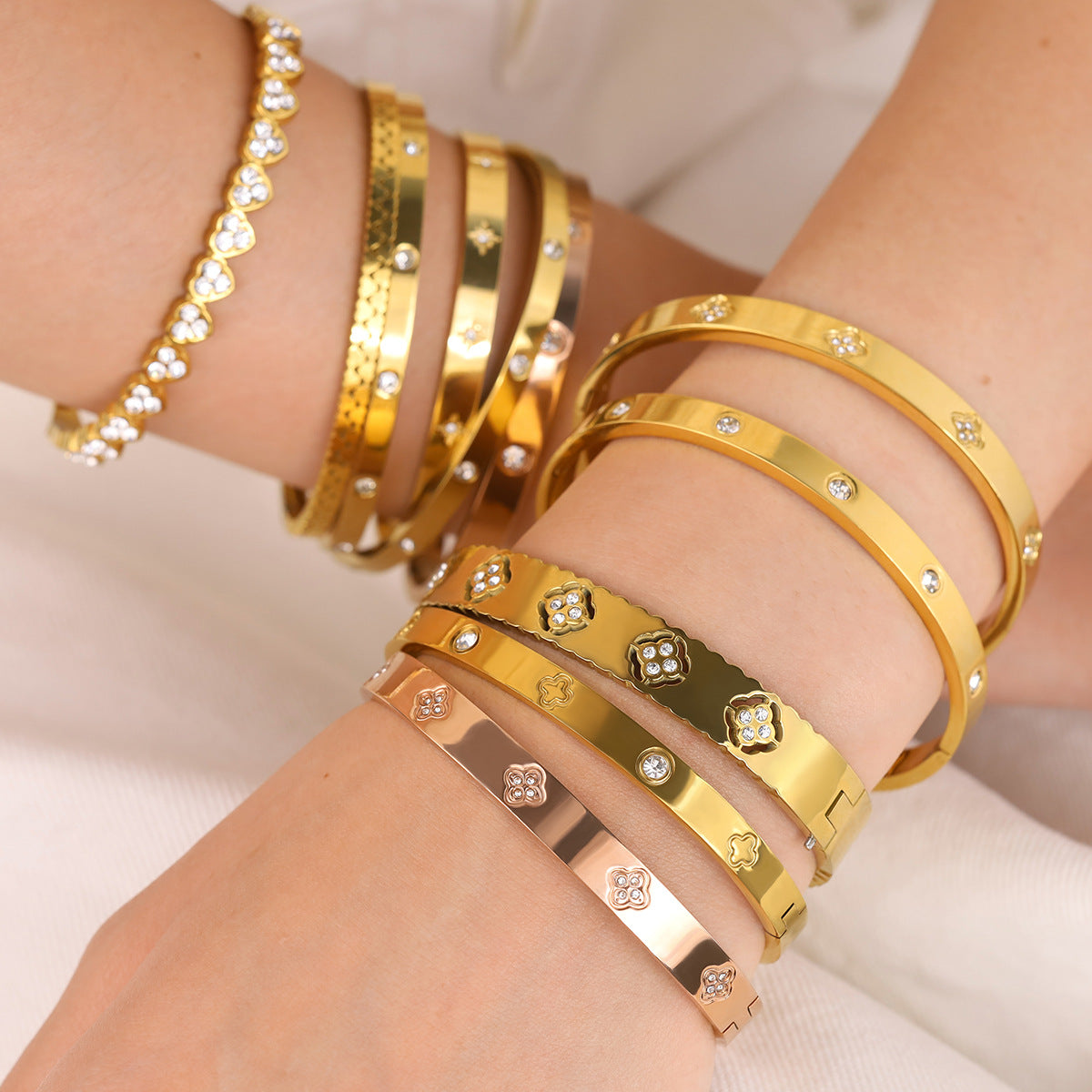 18K Gold Plated Titanium Steel Vintage Open Cuff Bracelets with Crystals, Fashionable and Durable