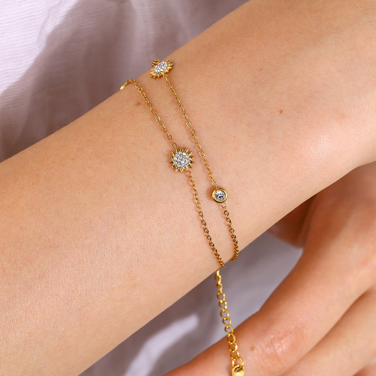 18K Gold Plated Titanium Steel Double-Layer Crystal Bracelet Set – Star and Moon Pendant Design
