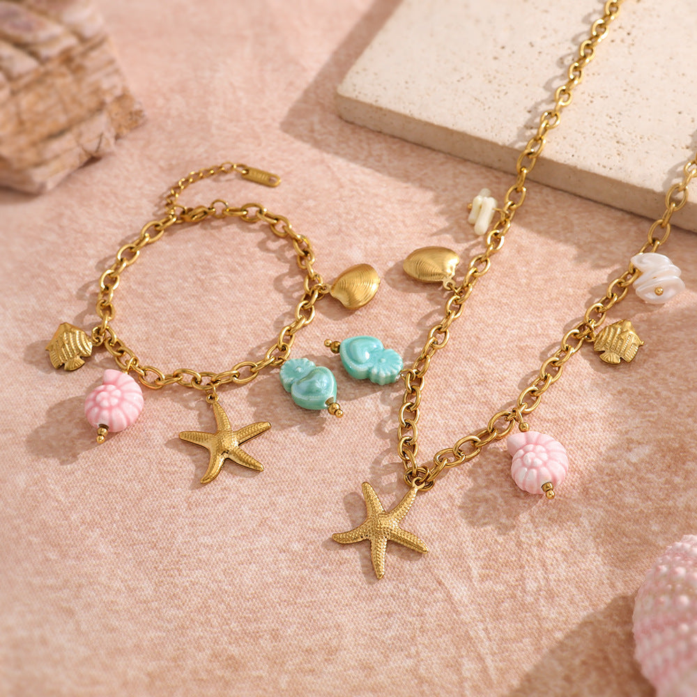 18K Gold Plated Stainless Steel Creative Ocean Style Colorful Fish Shell Seahorse Starfish Ceramic Pendant Necklace Bracelet Set