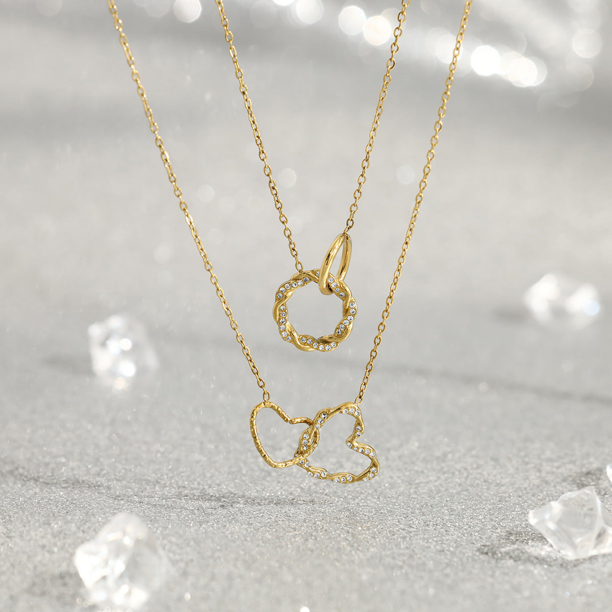 18K Gold Plated Titanium Steel New Twisted Heart Crystal Pendant Necklace Set