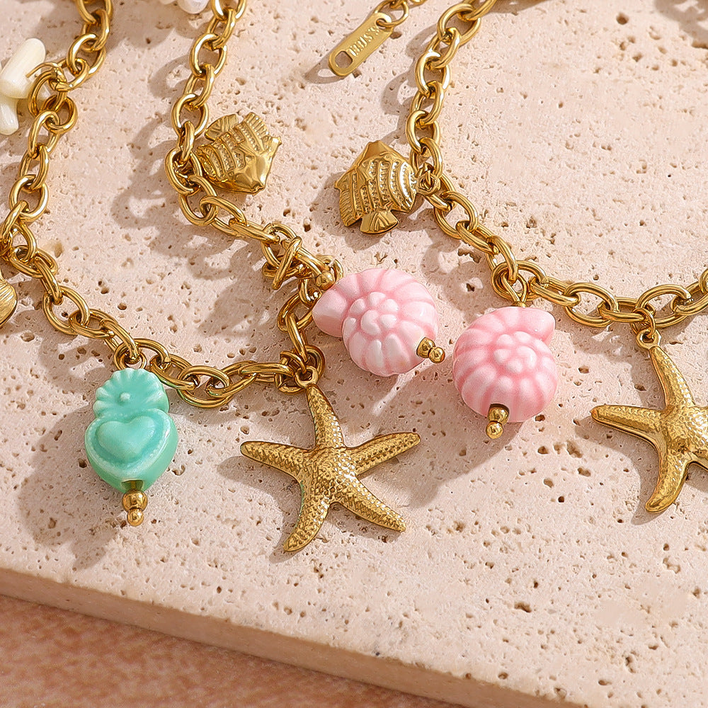 18K Gold Plated Stainless Steel Creative Ocean Style Colorful Fish Shell Seahorse Starfish Ceramic Pendant Necklace Bracelet Set