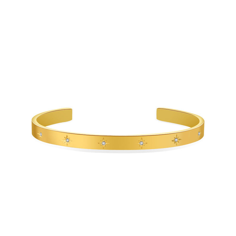 18K Gold Plated Titanium Steel Vintage Open Cuff Bracelets with Crystals, Fashionable and Durable