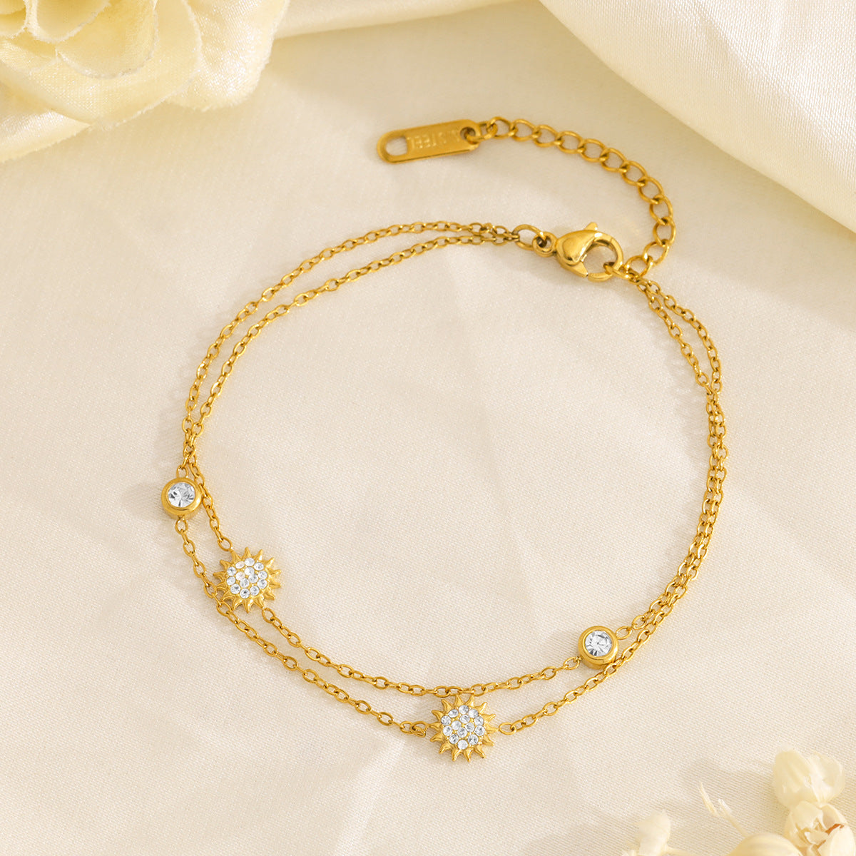 18K Gold Plated Titanium Steel Double-Layer Crystal Bracelet Set – Star and Moon Pendant Design