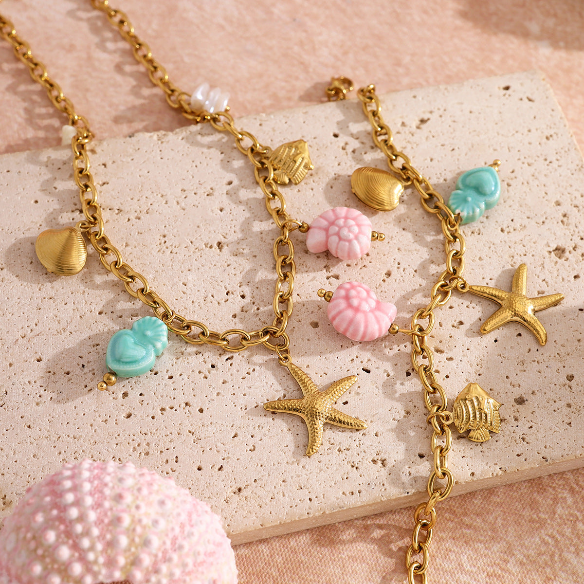 18K Gold Plated Stainless Steel Creative Ocean Style Colorful Fish Shell Seahorse Starfish Ceramic Pendant Necklace Bracelet Set