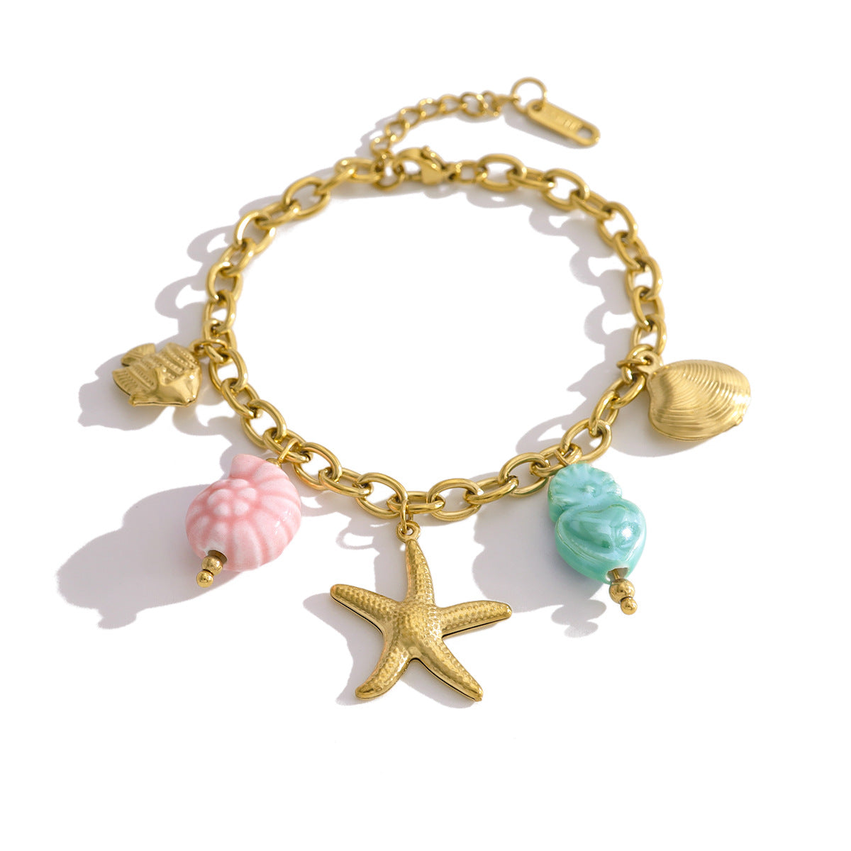 18K Gold Plated Stainless Steel Creative Ocean Style Colorful Fish Shell Seahorse Starfish Ceramic Pendant Necklace Bracelet Set