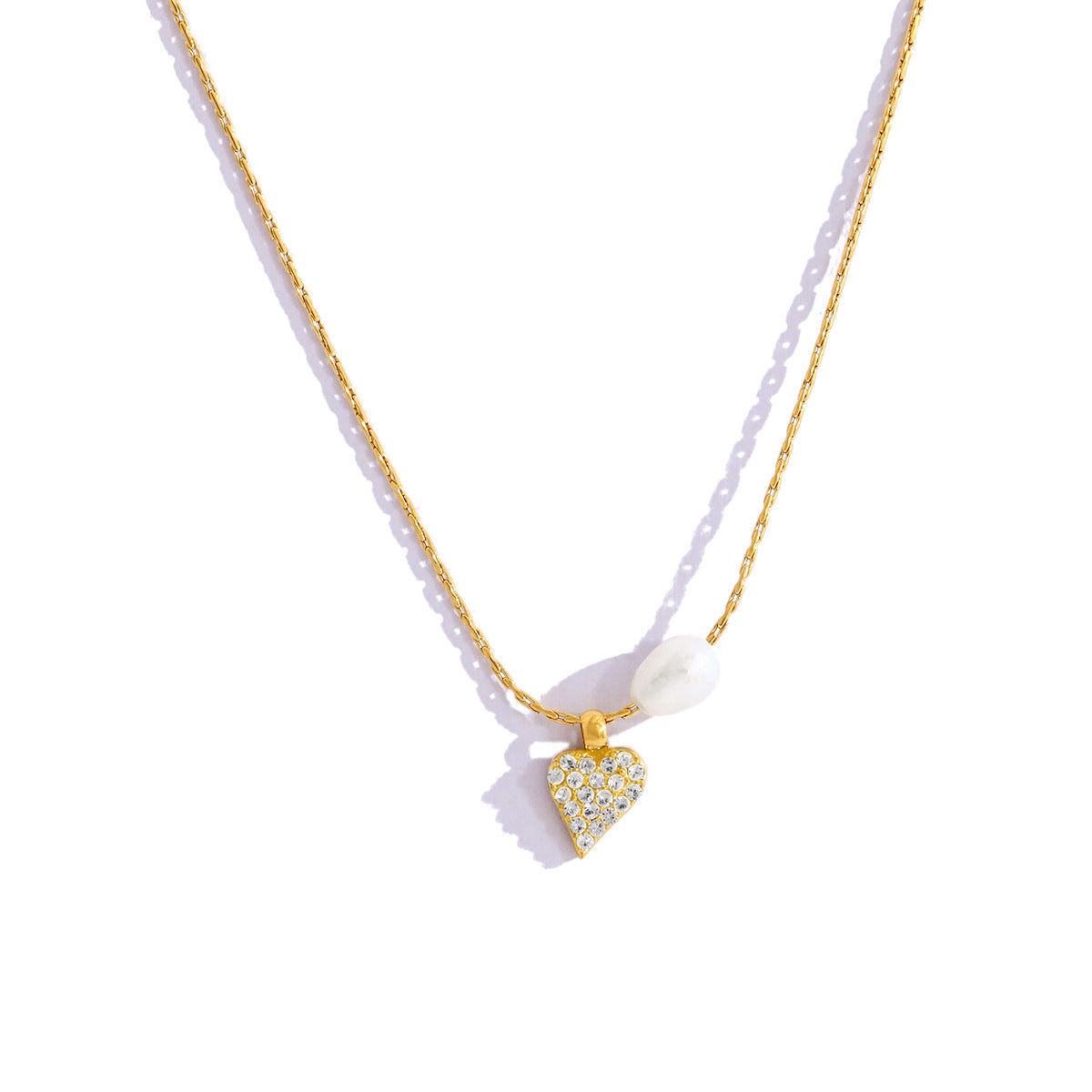 Elegant Pearl & Diamond Heart Pendant Titanium Steel Necklace & Bracelet Set – 18K Gold Plated, Adjustable Length, Perfect for Gifts
